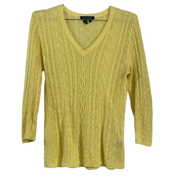 Lauren Ralph Lauren Sweaters - Lauren Ralph Lauren Sweater‎ Womens Medium Yellow Cable Knit Linen 3/4 Sleeve